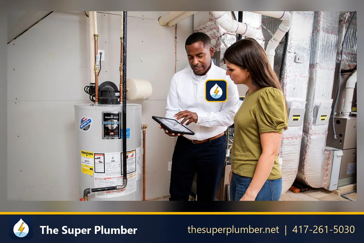 Technician showing a homeowner a tablet beside a water heater in a basement - local plumbers for leaks, drains, sewers and water heaters
