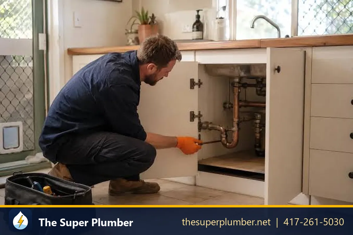 Plumber crouching at an open kitchen sink cabinet checking the drain pipes - plumber near me