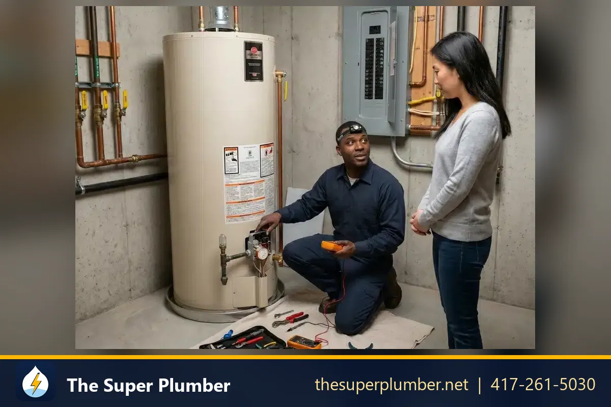 Plumber inspecting a gas water heater with a homeowner - plumber near me